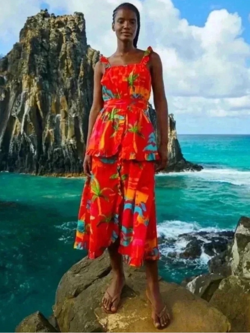 Farm Rio Ipanema Red Midi Ruffle Dress Small NWT